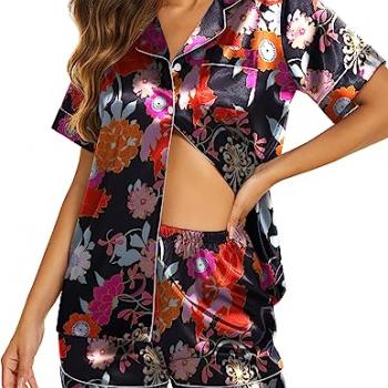 Ekouaer Womens Satin Silk Pajamas Set Short Sleeve Button Down Top and Shorts Sleepwear 2 Piece Pjs Set,Floral Black,Large