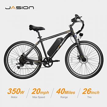 Jasion EB5 Electric Bike for Adults with Peak 500W Brushless Motor, 40Miles 20MPH Commuting Electric Mountain Bike with 360Wh Removable Battery, 7-Speed, 26" Tires and Front Fork Suspension