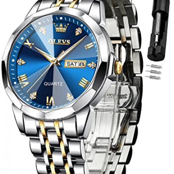 OLEVS Watch for Men Diamond Business Dress Analog Quartz Stainless Steel Waterproof Luminous Date Two Tone Luxury Casual Wrist Watch Blue