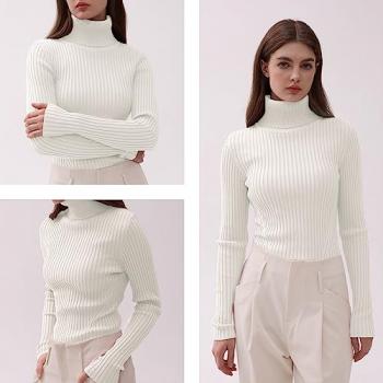 v28 Women Stretchable Turtleneck Knit Long Sleeve Slim Fit Sweater (S,White)