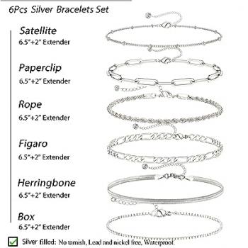 DEARMAY Dainty Silver Bracelets for Women Trendy, 925 Sterling Silver Jewelry Set for Women Bracelets for Women Paperclip Box Herringbone Figaro Rope Chain Bracelet Fashion Pack Gifts for Women