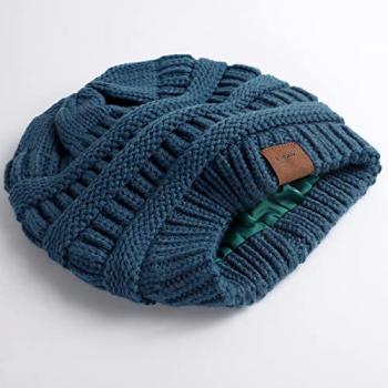 Womens Satin Lined Winter Beanie Hats Cable Knit Beanie for Men Silk Lining Thick Chunky Cap Soft Slouchy Warm Hat Blue