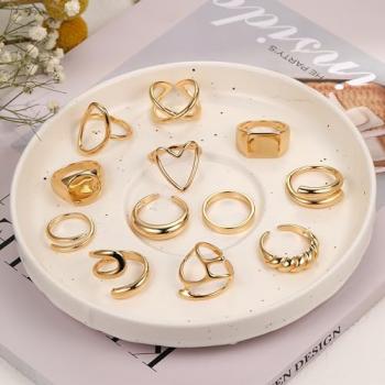 FAXHION 12PCS Gold Stackable Rings Set for Women, 18K Gold Plated Open Stacking Knuckle Ring, Adjustable Chunky Signet Band Ring for Gift