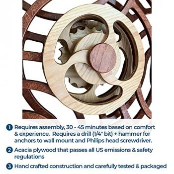 Mindsight Moving Kinetic Wall Art - Wind up to power peaceful 'Ripple' motion (no battery) - Calming Wall Décor for Living Room, Office, Bedroom, Kitchen - Hand Crafted Wood - Canyon Brown