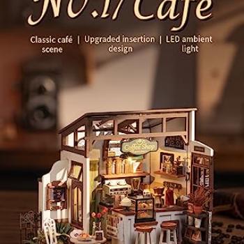 Rowood Miniature House Kit,Tiny House Kits to Build to Live in,DIY Wooden Crafts for Adults,Mini Model Kits with LED,Birthday for Teens(NO.17 Cafe)