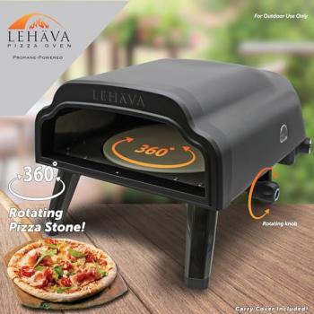 Flame King LEHAVA 14-inch, 360 Degree Rotating Non-Stick Pizza Stone, Portable Outdoor Propane Pizza Oven Countertop with Cover Bag, Piezo Auto Ignition for Camping, Backyard, and Tailgating