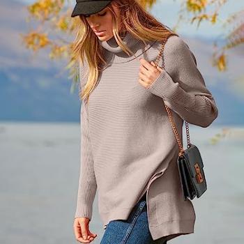 ANRABESS Women's Oversized Turtleneck Batwing Sleeve Spilt Casual Loose Knit Tunic Pullover Sweater Tops 2024 Fall Outfits Almond X-Small