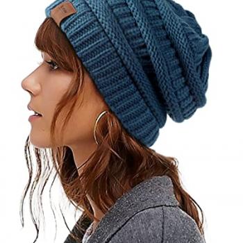 Womens Satin Lined Winter Beanie Hats Cable Knit Beanie for Men Silk Lining Thick Chunky Cap Soft Slouchy Warm Hat Blue