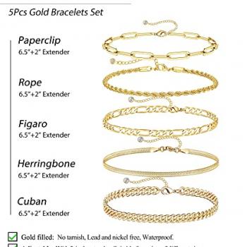 DEARMAY Gold Bracelets for Women Trendy Gold Jewelry Set for Women Cuban Link Chain 14K Gold Plated Filled Figaro Paperclip Rope Herringbone Bracelet Pack 18K Gifts for Women