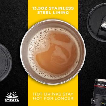 STRATA CUPS Camera Lens Coffee Mug -13.5oz | (2 LIDS + SPOON + BAG) Gifts for Him, Dad Gifts, Photography, Camera accessories, Novelty Gifts, Gifts for Him