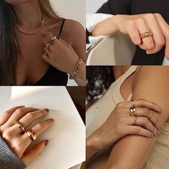 FAXHION 12PCS Gold Stackable Rings Set for Women, 18K Gold Plated Open Stacking Knuckle Ring, Adjustable Chunky Signet Band Ring for Gift