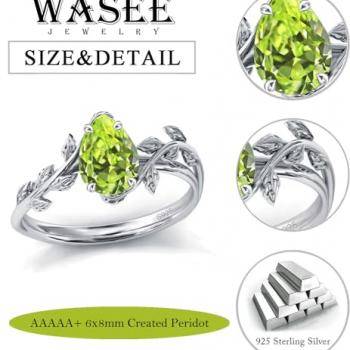 Wasee August Birthstone Ring 925 Sterling Silver Peridot Ring Pear Shaped Leaf Promise Ring for Her Birthday Anniversary Mother's Day Jewelry Gifts for Women,Ring Size 7