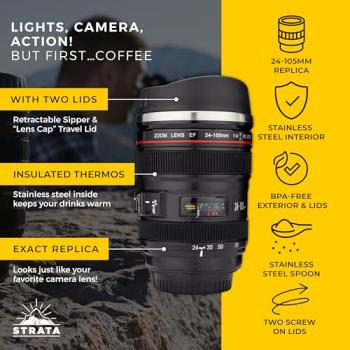 STRATA CUPS Camera Lens Coffee Mug -13.5oz | (2 LIDS + SPOON + BAG) Gifts for Him, Dad Gifts, Photography, Camera accessories, Novelty Gifts, Gifts for Him