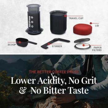 AeroPress Go Travel Coffee Press Kit - 3 in 1 brew method combines French Press, Pourover, Espresso - Full bodied coffee without grit or bitterness - Small portable coffee maker for camping & travel