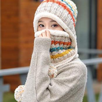 HUAMULAN Women Winter Beanie Hat Circle Scarf Set Pompoms Peruvian Ski Snow Ear Flaps Sherpa Knit Hats Fleece Lined Slouchy, Fits Small to Medium Head