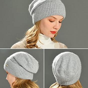 jaxmonoy Cashmere Slouchy Beanies for Women Winter Lightweight Girls Wool Knit Hat Cuffed Soft Warm Slouch Beanie Cap - Light Grey