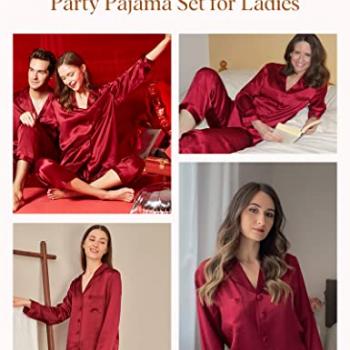 LilySilk Silk Pajamas for Women Button Up Pajamas Set for Ladies Girls Soft Maternity Pajamas Birthday Bridal Party Gift for Christmas Anniversary Valentine's day, Claret L