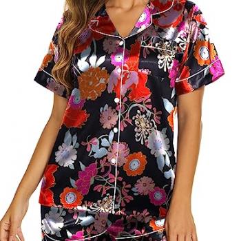 Ekouaer Womens Satin Silk Pajamas Set Short Sleeve Button Down Top and Shorts Sleepwear 2 Piece Pjs Set,Floral Black,Large