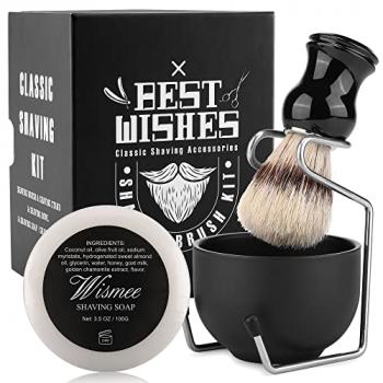 Wismee Men's Shaving Brush Set Boar Bristle Hair Shaving Brush, Stainless Steel Shaving Bowl & Stand, 3.5Oz Shaving Soap Wet Shaving Cleaning Tool Birthday Father Day Gifts for Him Men