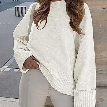 ANRABESS Women's Oversized Crewneck Long Sleeve Fuzzy Knit Casual Chunky Warm 2024 Fall Pullover Sweaters Top Trendy Outfits White Large