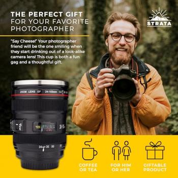 STRATA CUPS Camera Lens Coffee Mug -13.5oz | (2 LIDS + SPOON + BAG) Gifts for Him, Dad Gifts, Photography, Camera accessories, Novelty Gifts, Gifts for Him