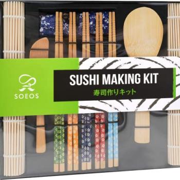 Soeos Beginner Sushi Making Kit, Sushi Making Kit for Beginners with 2 Sushi Rolling Mats, 5 Pairs Chopsticks, 1 Paddle, 1 Spreader, 1 Cotton Bag, Sushi Making Kit Gift Set, Sushi Maker Kit