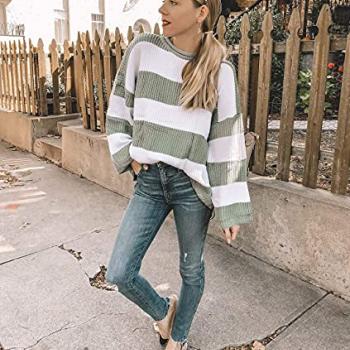 ZESICA Women's 2024 Fall Long Sleeve Crew Neck Striped Color Block Comfy Loose Oversized Knitted Pullover Sweater,Green,Medium