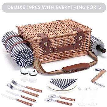 Picnic Basket with Blanket and Wine Pouch for 2 Wicker Picnic Set with Insulated Liner Cooler Bag Hamper for Camping,Wedding,Valentine Day,Gift - Reinforced Handle, Stripes