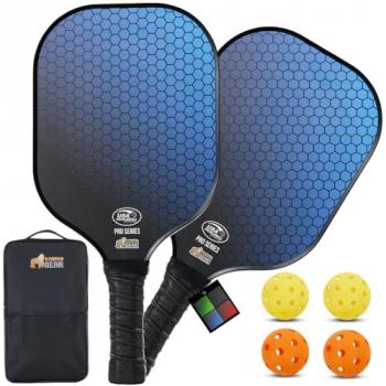 Gorilla Gear USAPA Pickleball Approved Paddle, Fiberglass Shock Absorbent Racket with Ergonomic Grip, Indoor Outdoor Pickle Ball Court Sports Accessories, Set of 2 Paddles 4 Balls and 1 Bag, Blue