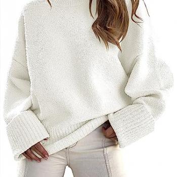 ANRABESS Women's Oversized Crewneck Long Sleeve Fuzzy Knit Casual Chunky Warm 2024 Fall Pullover Sweaters Top Trendy Outfits White Large