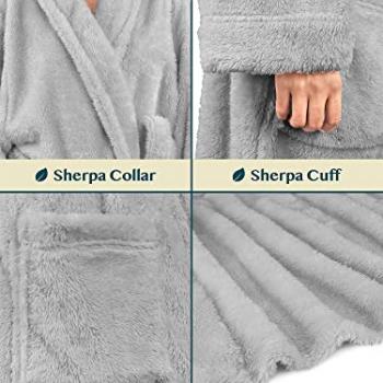 PAVILIA Premium Womens Plush Soft Robe Fluffy, Warm, Fleece Sherpa Shaggy Bathrobe (S/M, Light Gray)