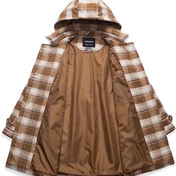 Chrisuno Women Peacoat Woman Women's Basic Designed Notch Lapel Double Breasted Mid-Long Wool Pea Coat Light Brown Plaid XL