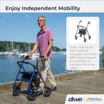 Drive Medical 10257BL-1 4 Wheel Rollator Walker With Seat, Steel Rolling Walker, Height Adjustable, 7.5" Wheels, Removable Back Support, 300 Pound Weight Capacity, Blue