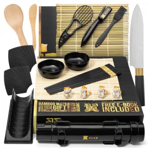 Alas Sushi Making Kit- Complete Sushi Making Kit for Beginners & Pros Sushi Makers, Perfect Sushi Making Kitchen Accessories Like Sushi Knife, 2 Sushi Mats, Rice Bazooka, Dipping Plate, & More (Black)