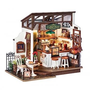 Rowood Miniature House Kit,Tiny House Kits to Build to Live in,DIY Wooden Crafts for Adults,Mini Model Kits with LED,Birthday for Teens(NO.17 Cafe)