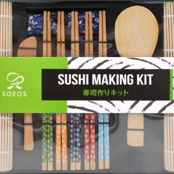 Soeos Beginner Sushi Making Kit, Sushi Making Kit for Beginners with 2 Sushi Rolling Mats, 5 Pairs Chopsticks, 1 Paddle, 1 Spreader, 1 Cotton Bag, Sushi Making Kit Gift Set, Sushi Maker Kit