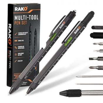 RAK Multi-Tool 2Pc Pen Set - LED Light, Touchscreen Stylus, Ruler, Level, Bottle Opener, Phillips Screwdriver, Flathead, and Ballpoint Pen