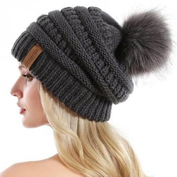 QUEENFUR Women Knit Slouchy Beanie Chunky Baggy Hat with Faux Fur Pompom Winter Soft Warm Ski Cap