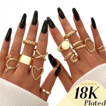 FAXHION 12PCS Gold Stackable Rings Set for Women, 18K Gold Plated Open Stacking Knuckle Ring, Adjustable Chunky Signet Band Ring for Gift