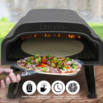 Flame King LEHAVA 14-inch, 360 Degree Rotating Non-Stick Pizza Stone, Portable Outdoor Propane Pizza Oven Countertop with Cover Bag, Piezo Auto Ignition for Camping, Backyard, and Tailgating