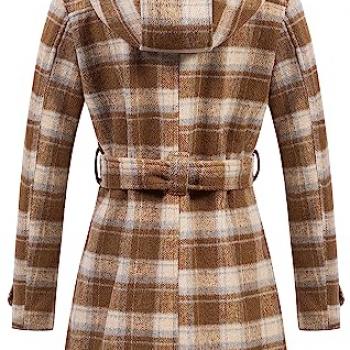 Chrisuno Women Peacoat Woman Women's Basic Designed Notch Lapel Double Breasted Mid-Long Wool Pea Coat Light Brown Plaid XL