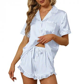 SAPJON Satin Silk Pajamas for Women 2Pcs Ruffle Notch Collar Sleepwear Button Down Short Sleeve Shorts Pjs Set Loungewear