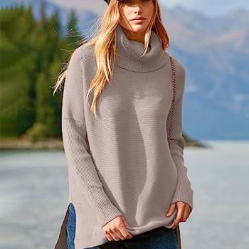 ANRABESS Women's Oversized Turtleneck Batwing Sleeve Spilt Casual Loose Knit Tunic Pullover Sweater Tops 2024 Fall Outfits Almond X-Small