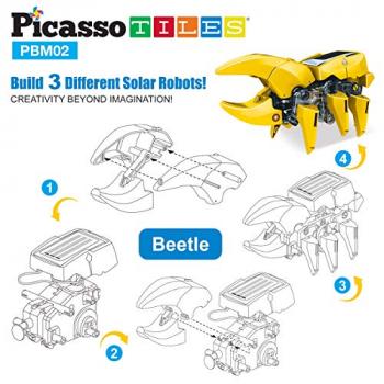 PicassoTiles STEM Kids Solar Powered Dinosaur Robot Educational Learning Engineering Building Toy 3-in-1 Creative Unique Transformation Renewable Sun Energy Science Experiment DIY Kit Boy Girl Age 8+