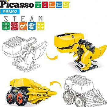 PicassoTiles STEM Kids Solar Powered Dinosaur Robot Educational Learning Engineering Building Toy 3-in-1 Creative Unique Transformation Renewable Sun Energy Science Experiment DIY Kit Boy Girl Age 8+