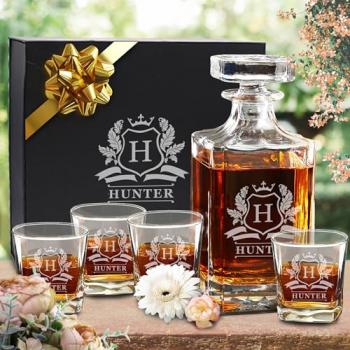 The Wedding Party Store, Custom Engraved Groomsmen - Whiskey Decanter Set and 4 Glasses Set - Personalized and Monogrammed with WPS Styles