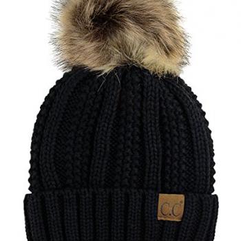 C.C Thick Cable Knit Faux Fuzzy Fur Pom Fleece Lined Skull Cap Cuff Beanie, Black