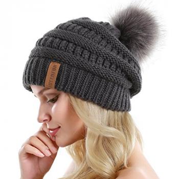 QUEENFUR Women Knit Slouchy Beanie Chunky Baggy Hat with Faux Fur Pompom Winter Soft Warm Ski Cap