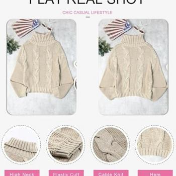 Dokotoo Womens Winter Fall Casual Turtleneck High Neck Long Sleeve Cable Knit Chunky Sweaters Pullover Outerwear Beige Large