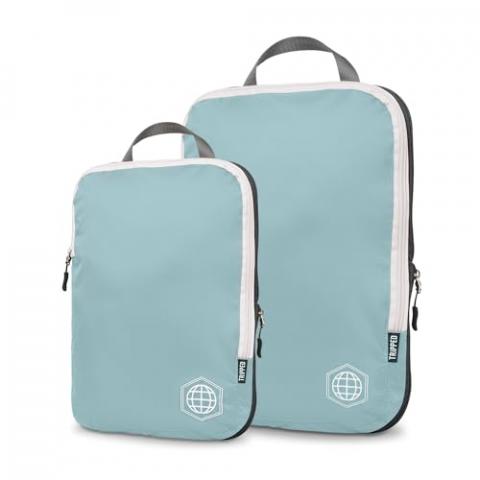 Compression Packing Cubes for Travel - Luggage and Backpack Organizer Packaging Cubes for Clothes (Dusty Teal and White, 2 Piece Set)